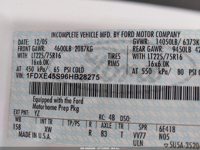 2006 Ford E-450 Cutaway VIN: 1FDXE45S96HB28275 Lot: 45595266