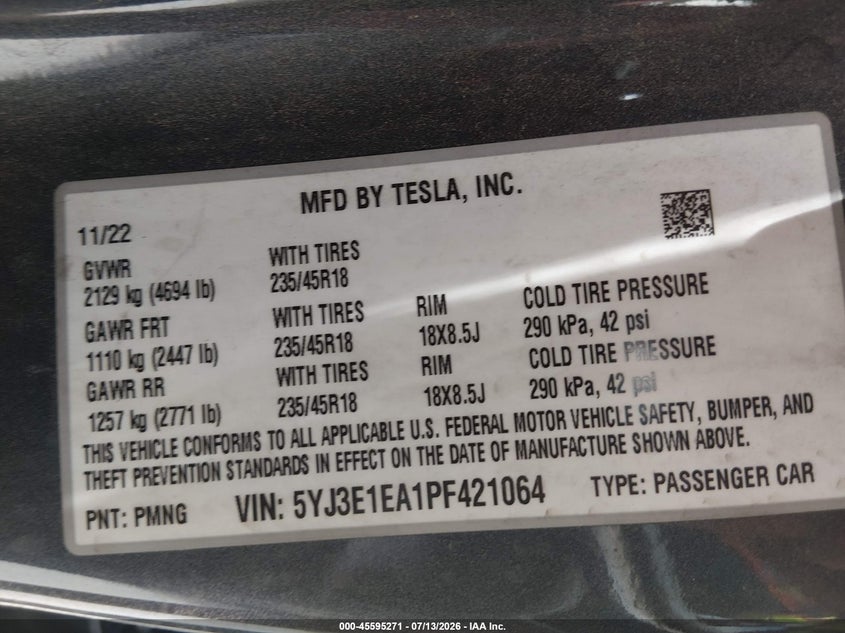 2023 Tesla Model 3 Rear-Wheel Drive VIN: 5YJ3E1EA1PF421064 Lot: 45595271