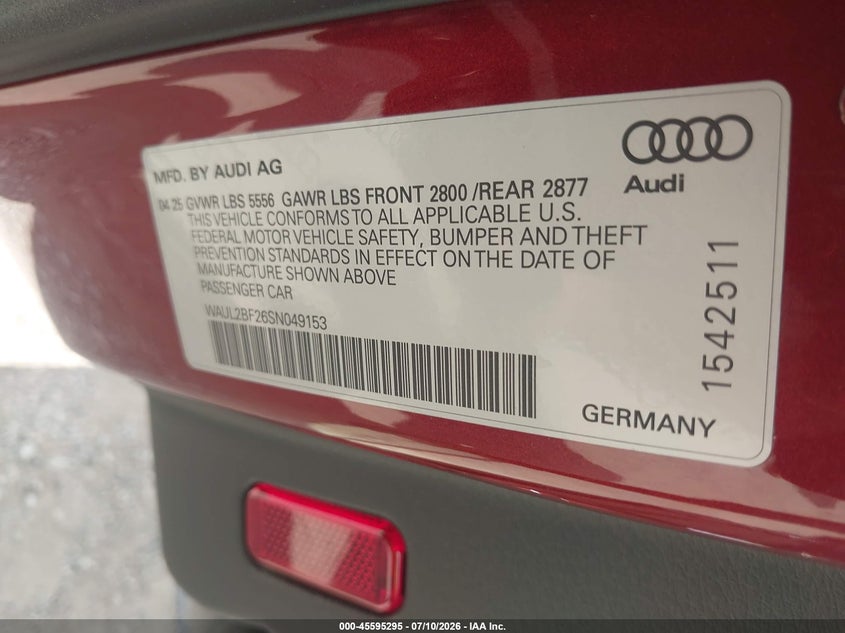 2025 Audi A6 Premium Plus 55 Tfsi Quattro S Tronic VIN: WAUL2BF26SN049153 Lot: 45595295