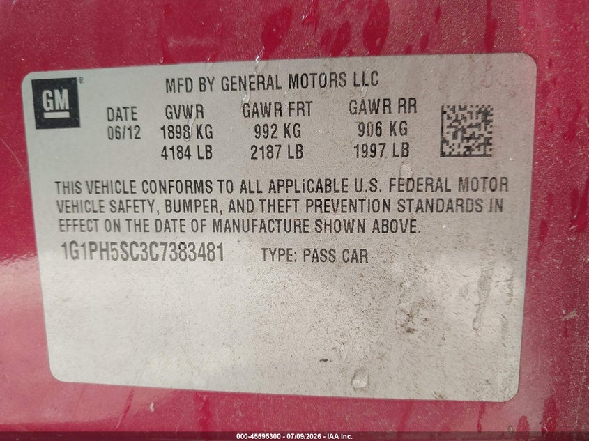 2012 Chevrolet Cruze Ltz VIN: 1G1PH5SC3C7383481 Lot: 45595300