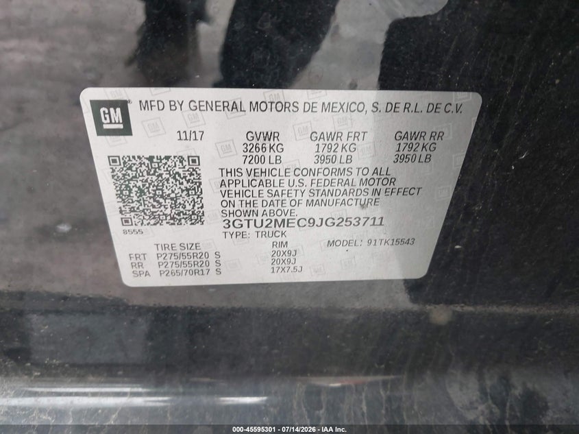 2018 GMC Sierra 1500 Sle VIN: 3GTU2MEC9JG253711 Lot: 45595301