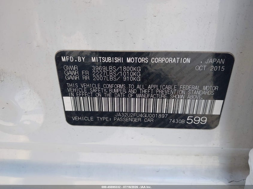 2016 Mitsubishi Lancer Es VIN: JA32U2FU4GU001897 Lot: 45595332