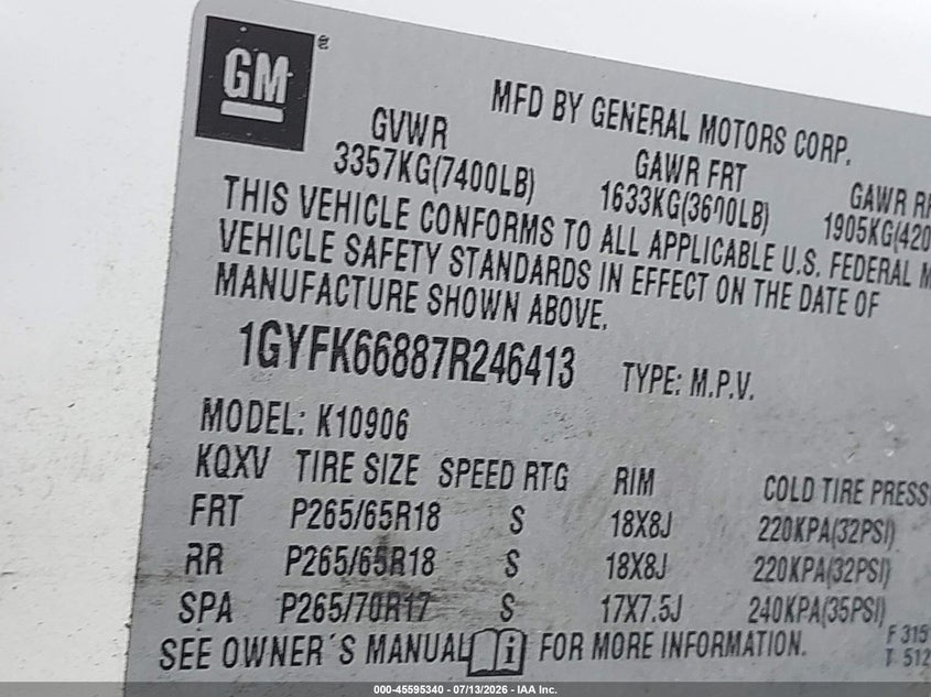2007 Cadillac Escalade Esv Standard VIN: 1GYFK66887R246413 Lot: 45595340