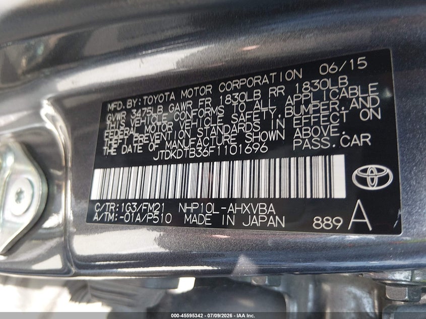 2015 Toyota Prius C Two VIN: JTDKDTB36F1101696 Lot: 45595342