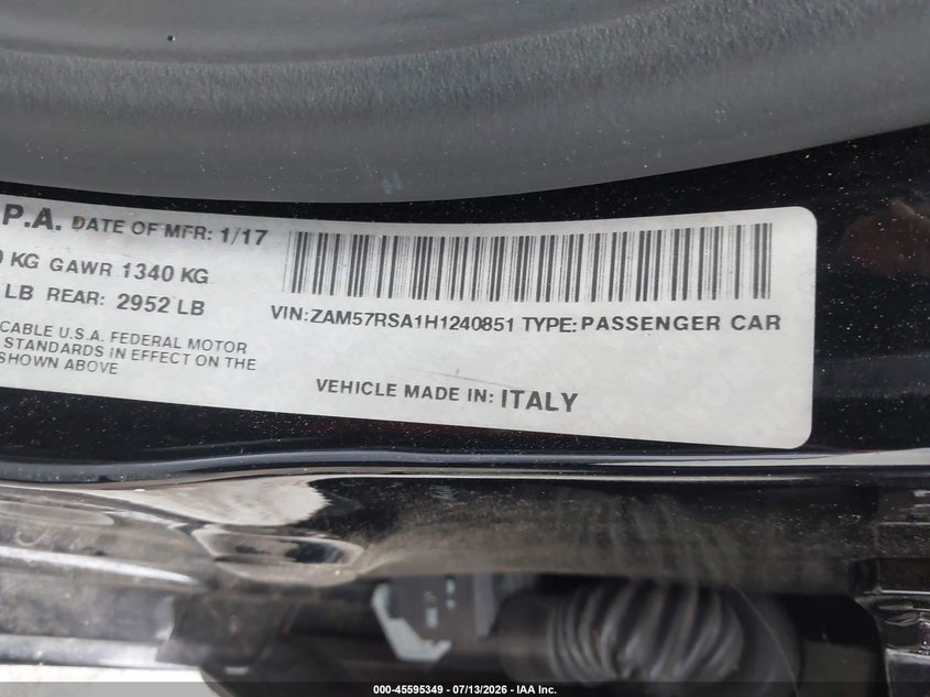 2017 Maserati Ghibli S VIN: ZAM57RSA1H1240851 Lot: 45595349