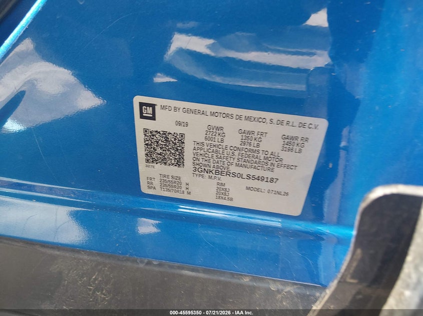 2020 Chevrolet Blazer Fwd Rs VIN: 3GNKBERS0LS549187 Lot: 45595350