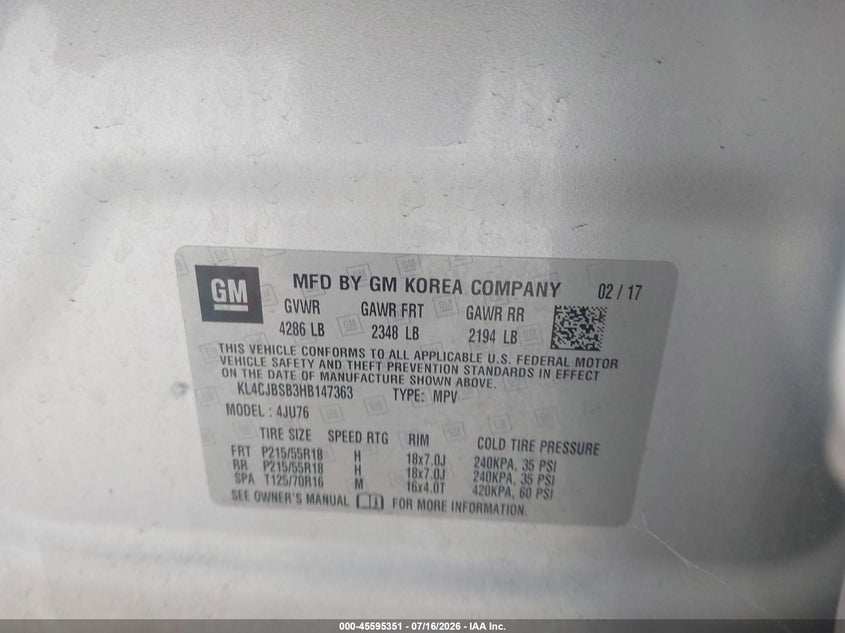 2017 Buick Encore Preferred Ii VIN: KL4CJBSB3HB147363 Lot: 45595351