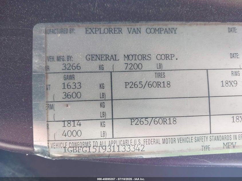 2003 Chevrolet Express Yf7 Upfitter VIN: 1GBFG15T931133342 Lot: 45595357