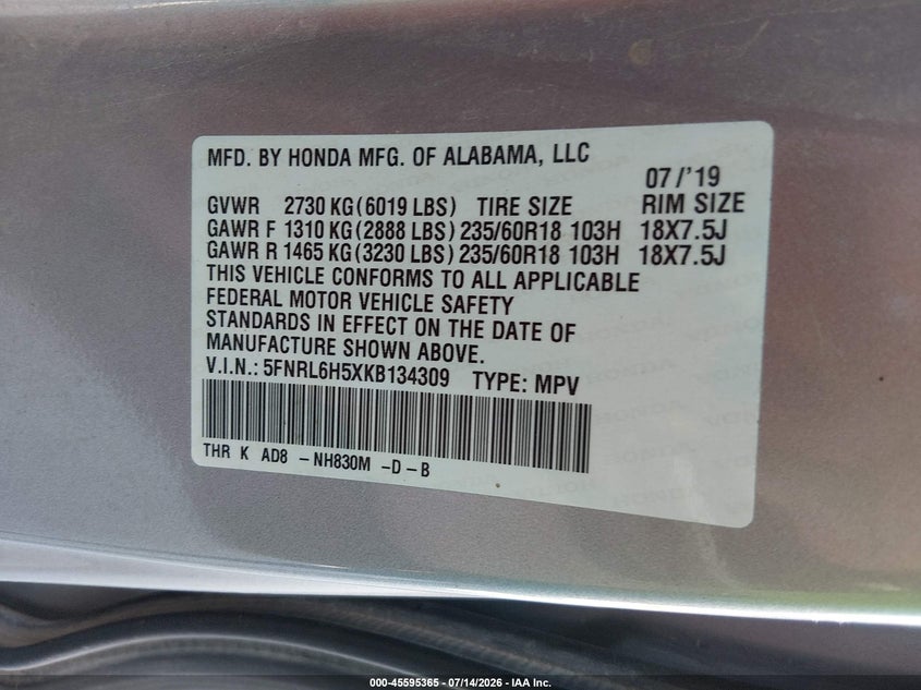 2019 Honda Odyssey Ex VIN: 5FNRL6H5XKB134309 Lot: 45595365