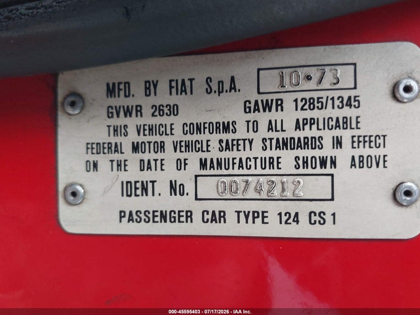 1974 Fiat 124 VIN: 0000124CS10074212 Lot: 45595403