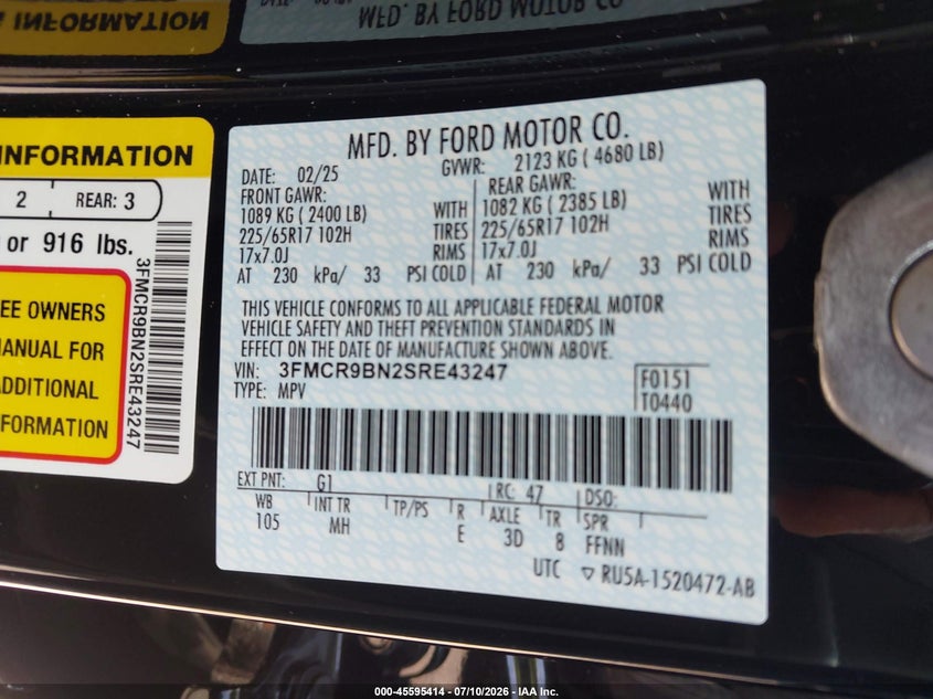 2025 Ford Bronco Sport Big Bend VIN: 3FMCR9BN2SRE43247 Lot: 45595414