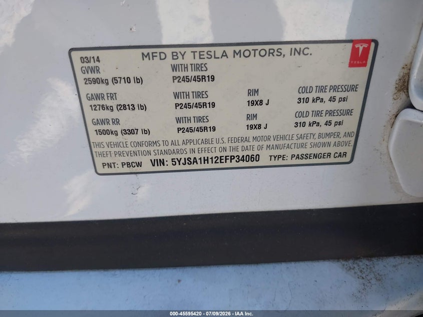 2014 Tesla Model S P85 VIN: 5YJSA1H12EFP34060 Lot: 45595420