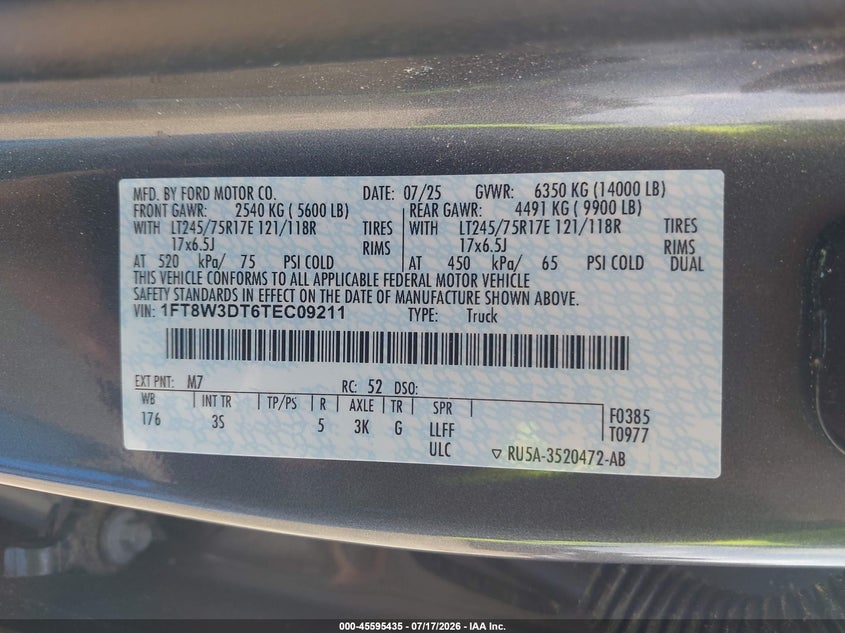 2026 Ford F-350 Xlt VIN: 1FT8W3DT6TEC09211 Lot: 45595435