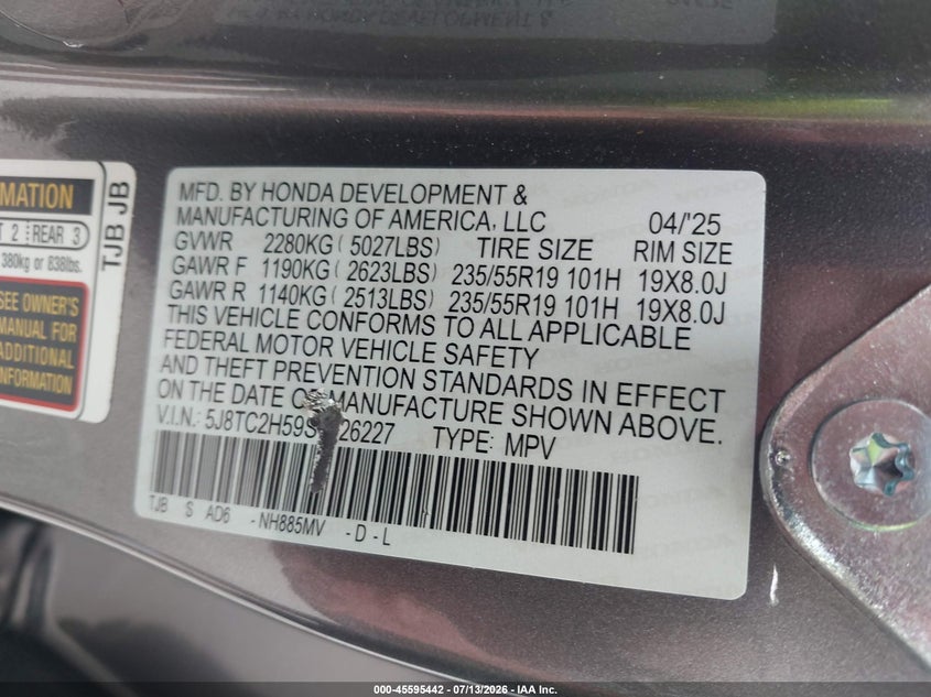 ACURA RDX 2025 VIN 5J8TC2H59SL026227