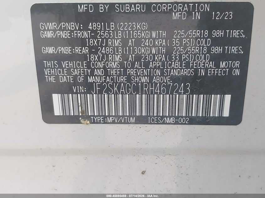 2024 Subaru Forester Sport VIN: JF2SKAGC1RH467243 Lot: 45595459