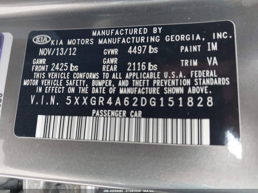 2013 Kia Optima Sx VIN: 5XXGR4A62DG151828 Lot: 45595490