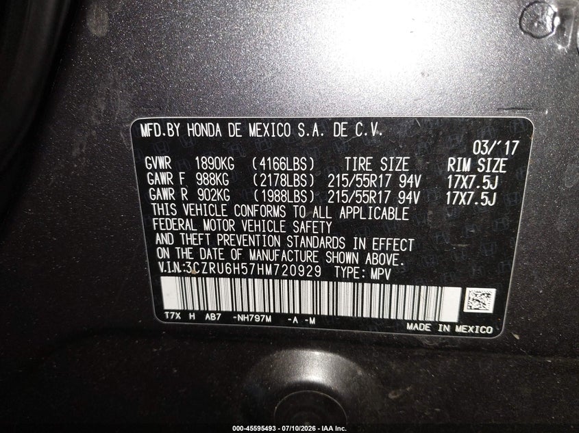 VIN 3CZRU6H57HM720929 2017 HONDA HR-V EX