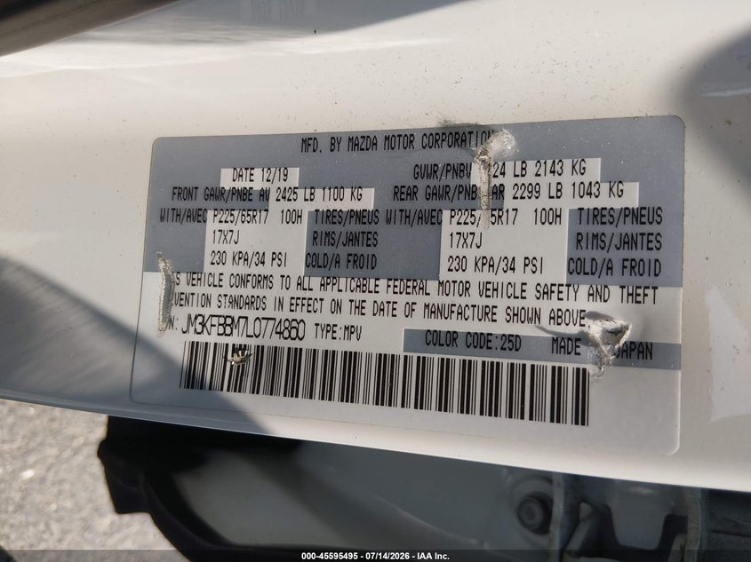 2020 Mazda Cx-5 Sport VIN: JM3KFBBM7L0774860 Lot: 45595495