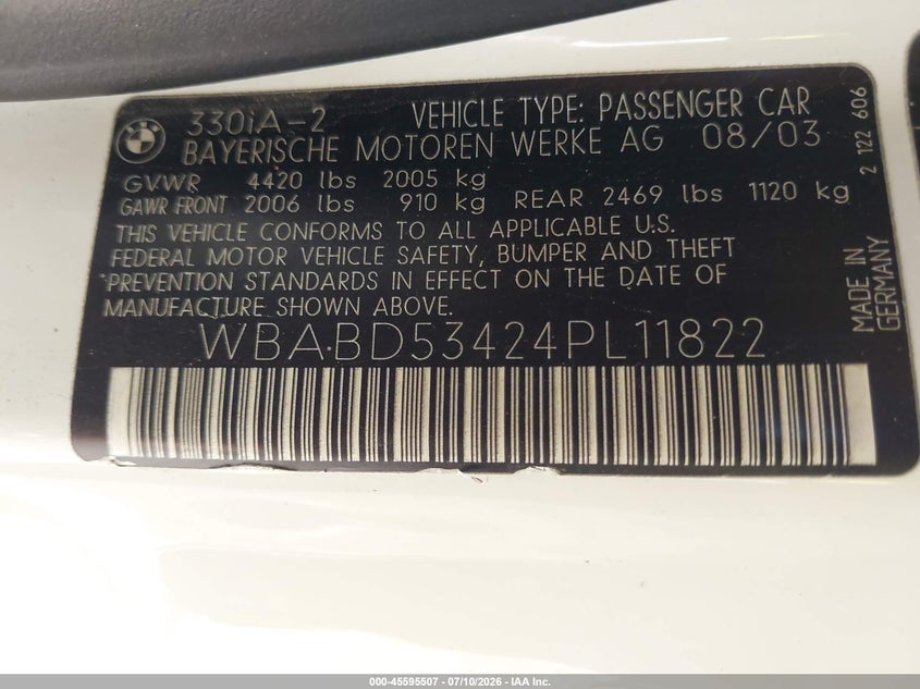 BMW 330CI 2004 VIN WBABD53424PL11822