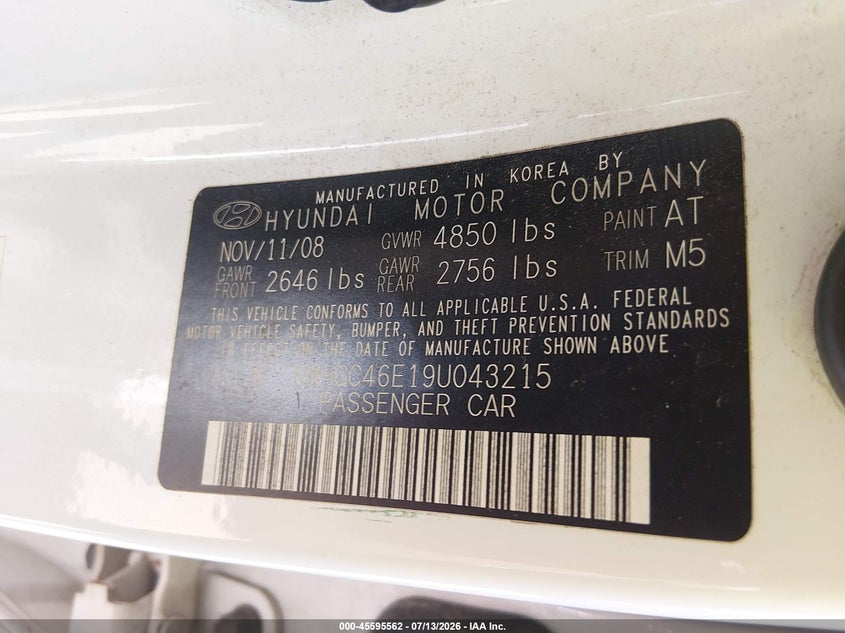 2009 Hyundai Genesis 3.8 VIN: KMHGC46E19U043215 Lot: 45595562