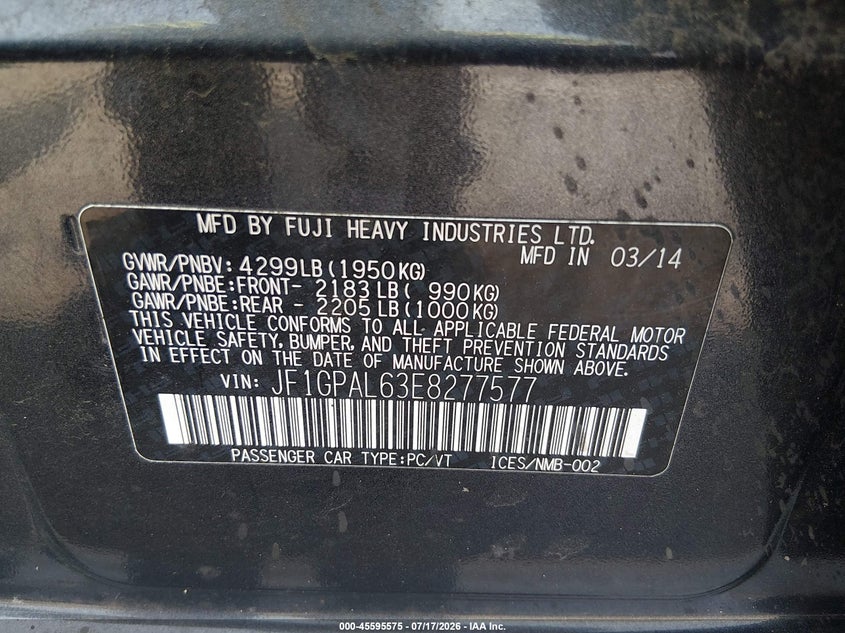 SUBARU IMPREZA 2014 VIN JF1GPAL63E8277577