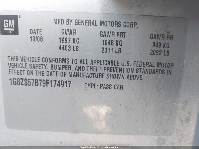 2009 Saturn Aura Xe VIN: 1G8ZS57B79F174917 Lot: 45595598