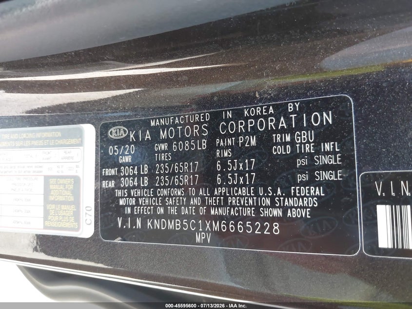 2021 Kia Sedona Lx VIN: KNDMB5C1XM6665228 Lot: 45595600