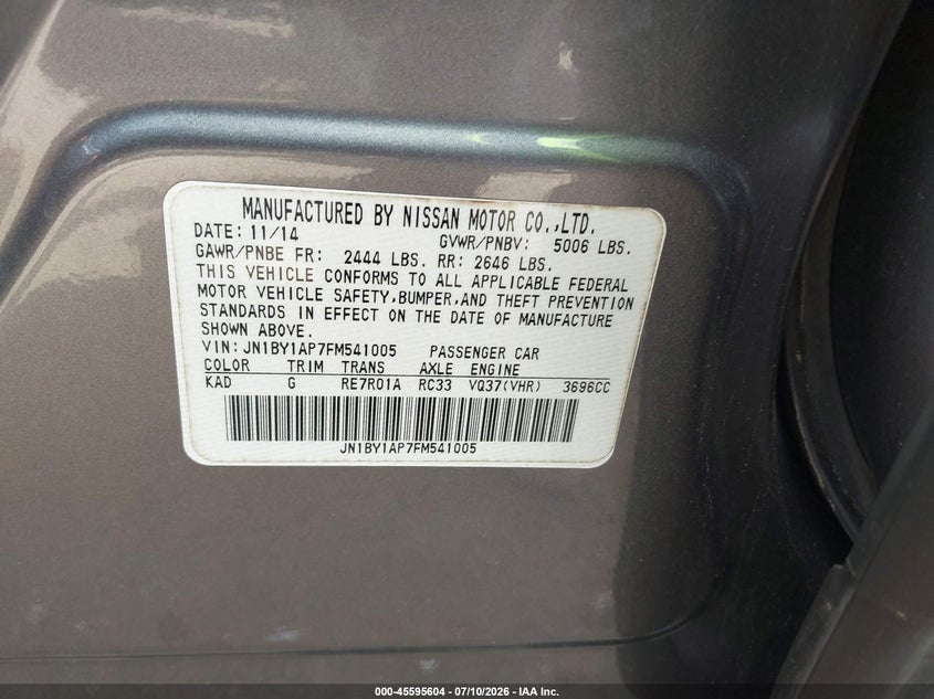 2015 Infiniti Q70 3.7 VIN: JN1BY1AP7FM541005 Lot: 45595604
