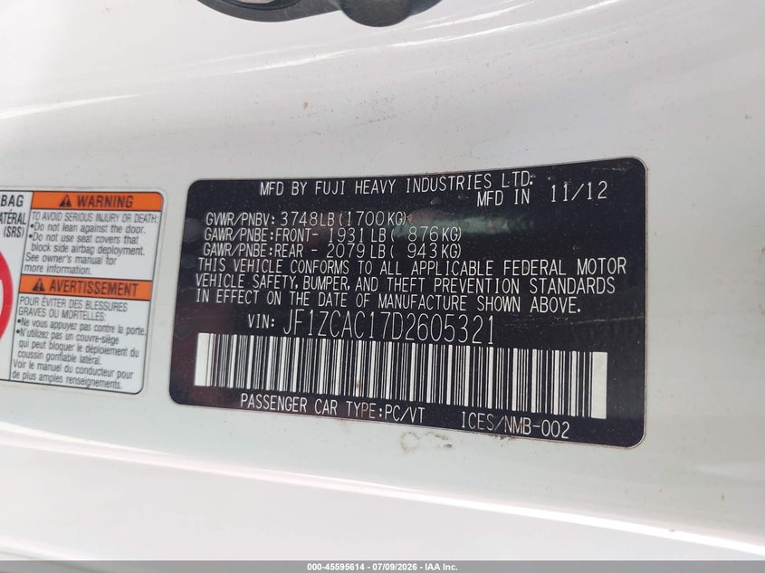 2013 Subaru Brz Limited VIN: JF1ZCAC17D2605321 Lot: 45595614