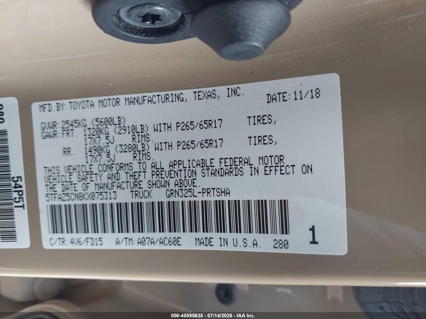 2019 Toyota Tacoma Trd Sport VIN: 5TFAZ5CN8KX075313 Lot: 45595638