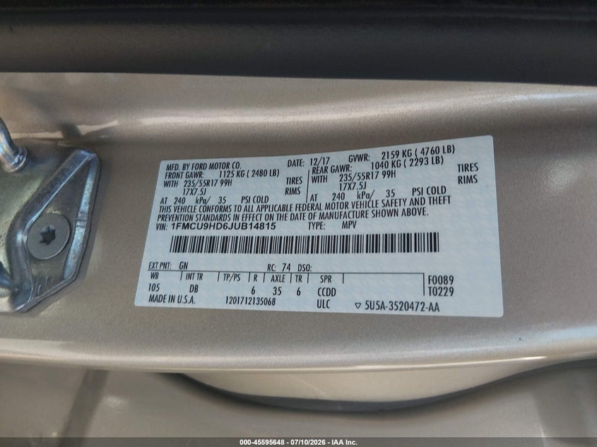 VIN 1FMCU9HD6JUB14815 2018 FORD ESCAPE SEL