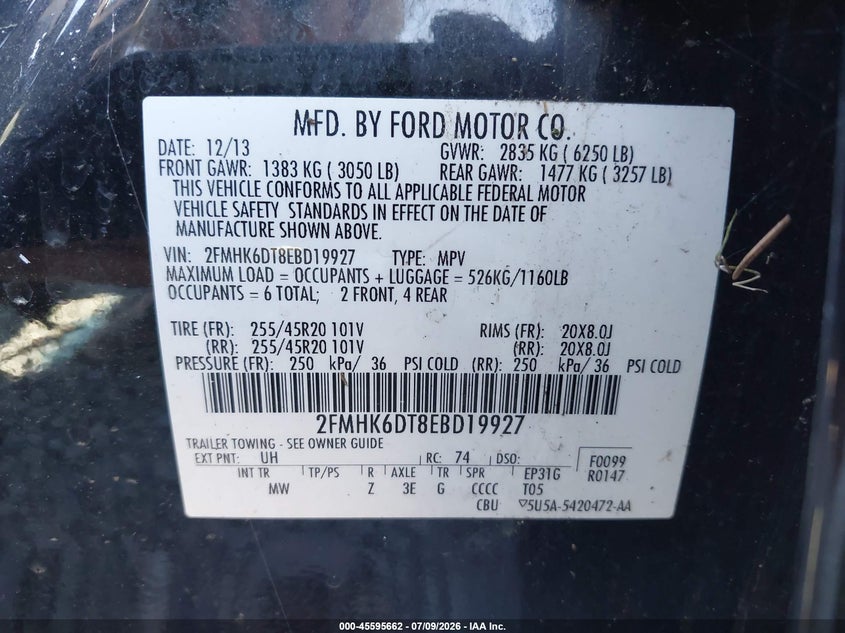 2014 Ford Flex Limited VIN: 2FMHK6DT8EBD19927 Lot: 45595662