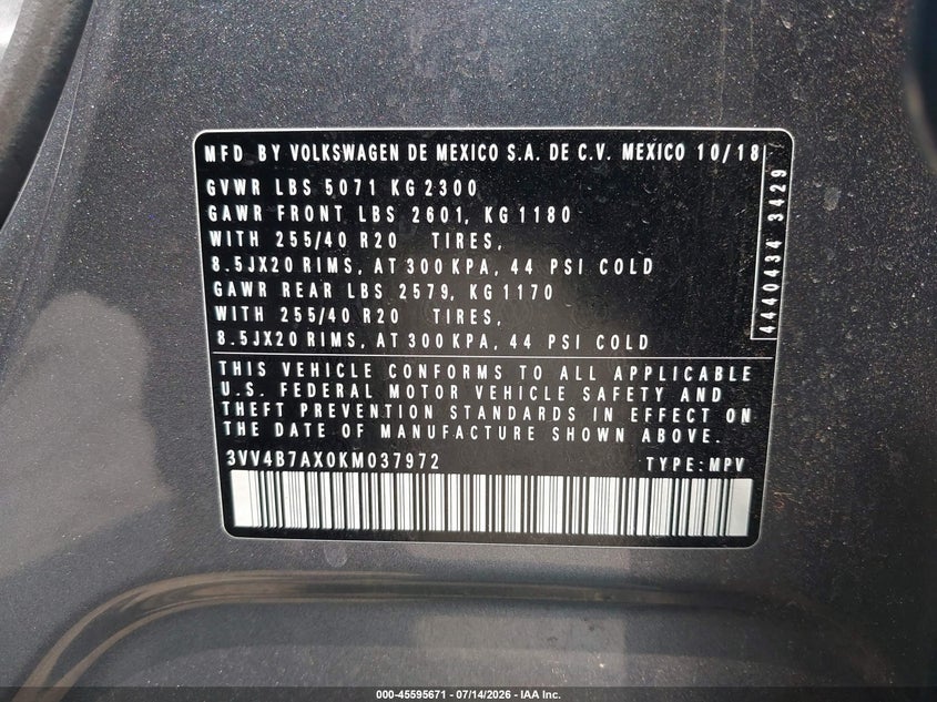 2019 Volkswagen Tiguan 2.0T Sel Premium/2.0T Sel Premium R-Line VIN: 3VV4B7AX0KM037972 Lot: 45595671