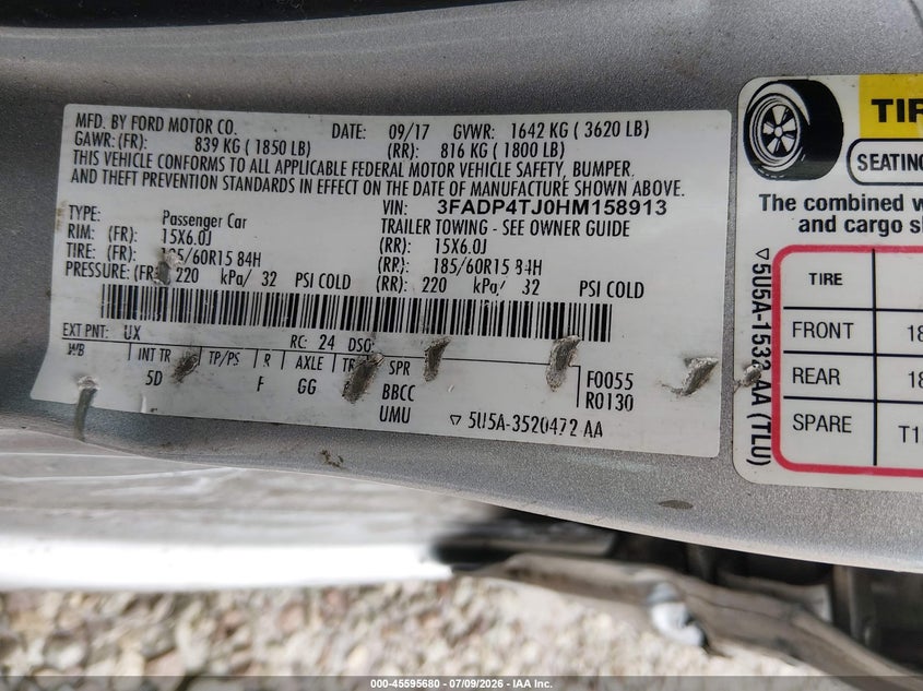 2017 Ford Fiesta S VIN: 3FADP4TJ0HM158913 Lot: 45595680