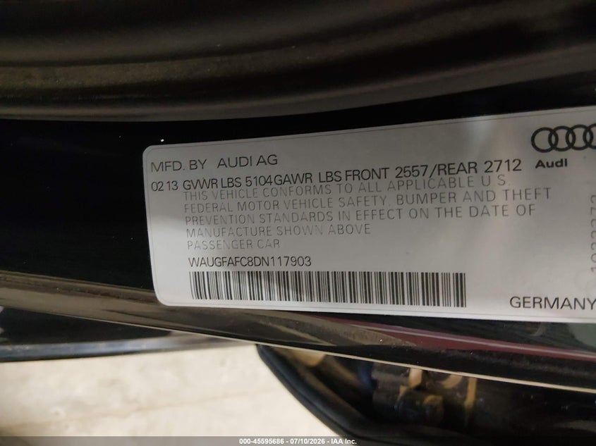 2013 Audi A6 2.0T Premium VIN: WAUGFAFC8DN117903 Lot: 45595686