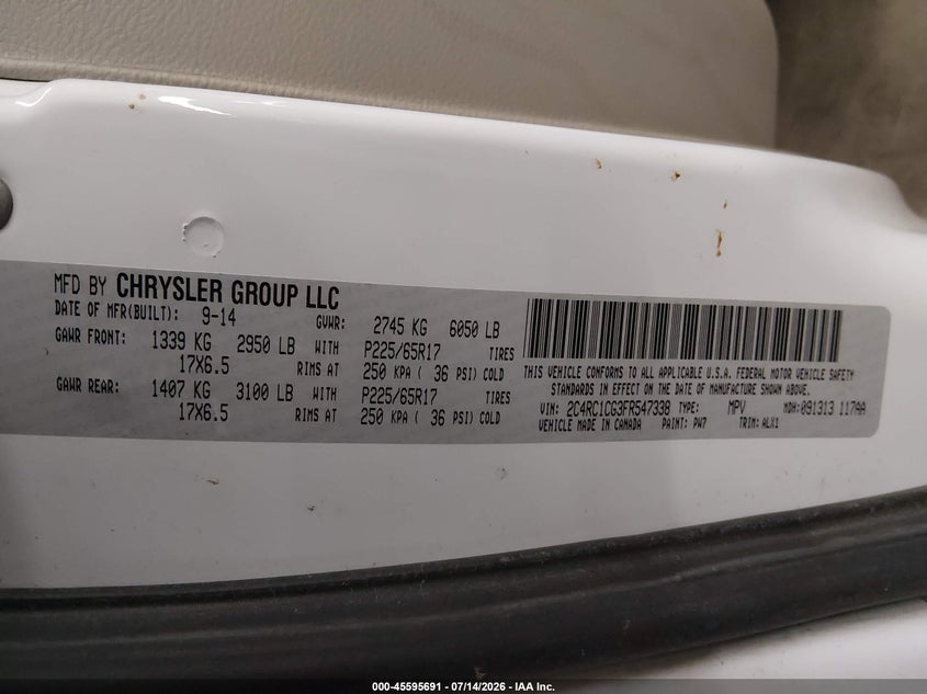 2015 Chrysler Town & Country Touring-L VIN: 2C4RC1CG3FR547338 Lot: 45595691