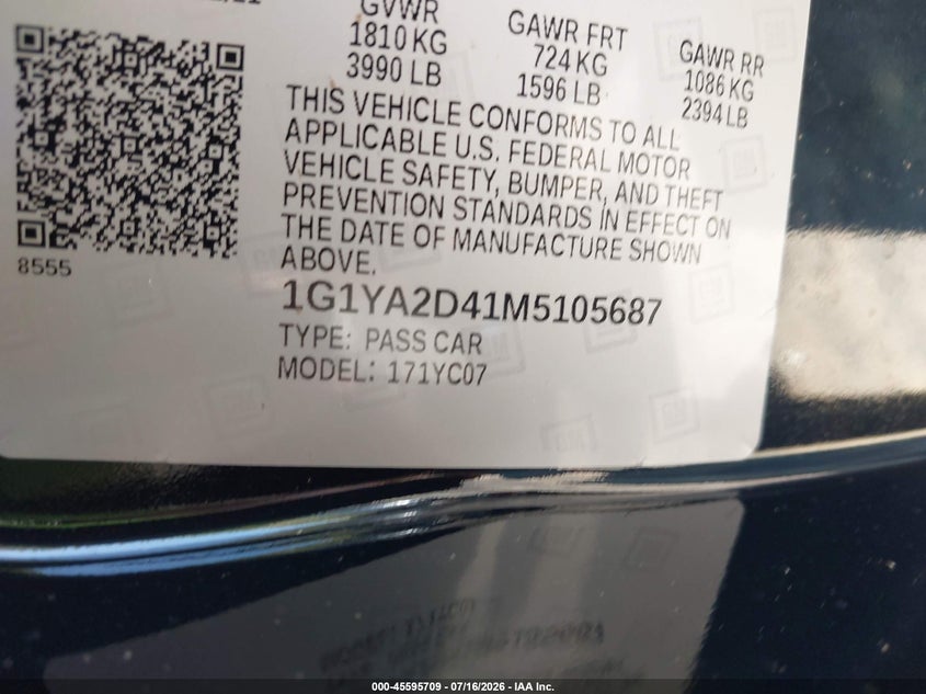2021 Chevrolet Corvette Stingray Rwd 1Lt VIN: 1G1YA2D41M5105687 Lot: 45595709