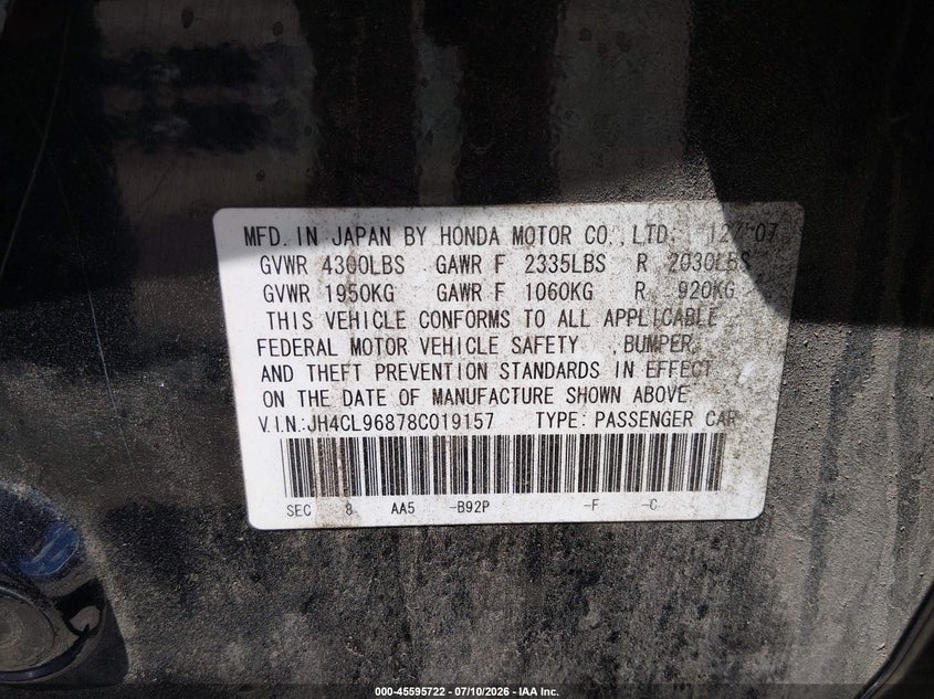 2008 Acura Tsx VIN: JH4CL96878C019157 Lot: 45595722