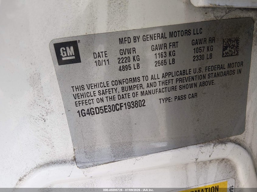 2012 Buick Lacrosse Premium 1 Group VIN: 1G4GD5E30CF193802 Lot: 45595726