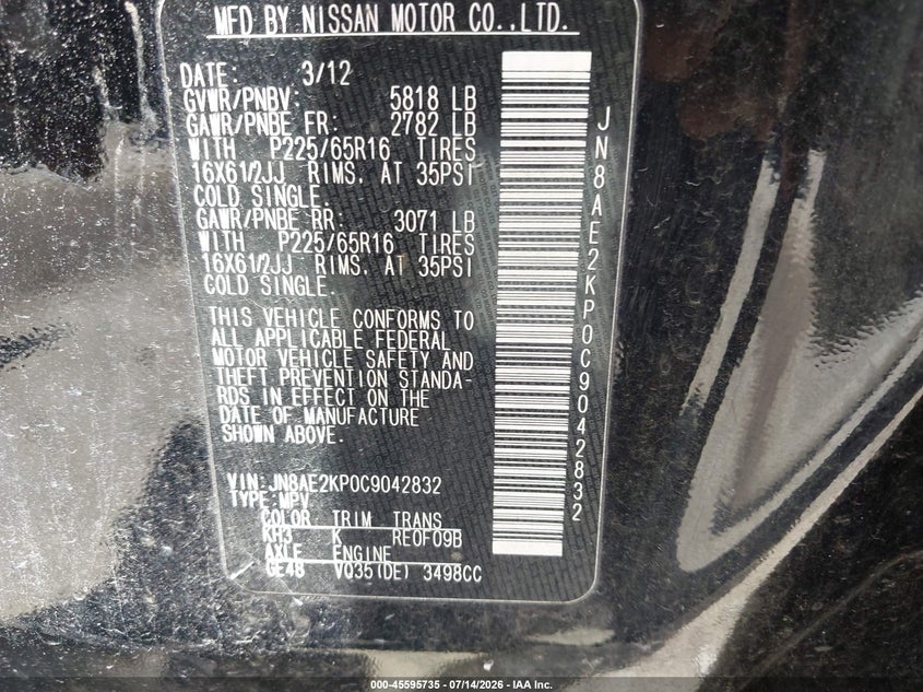 2012 Nissan Quest S VIN: JN8AE2KP0C9042832 Lot: 45595735