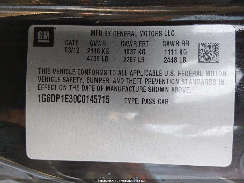 2012 Cadillac Cts Premium VIN: 1G6DP1E30C0145715 Lot: 45595773