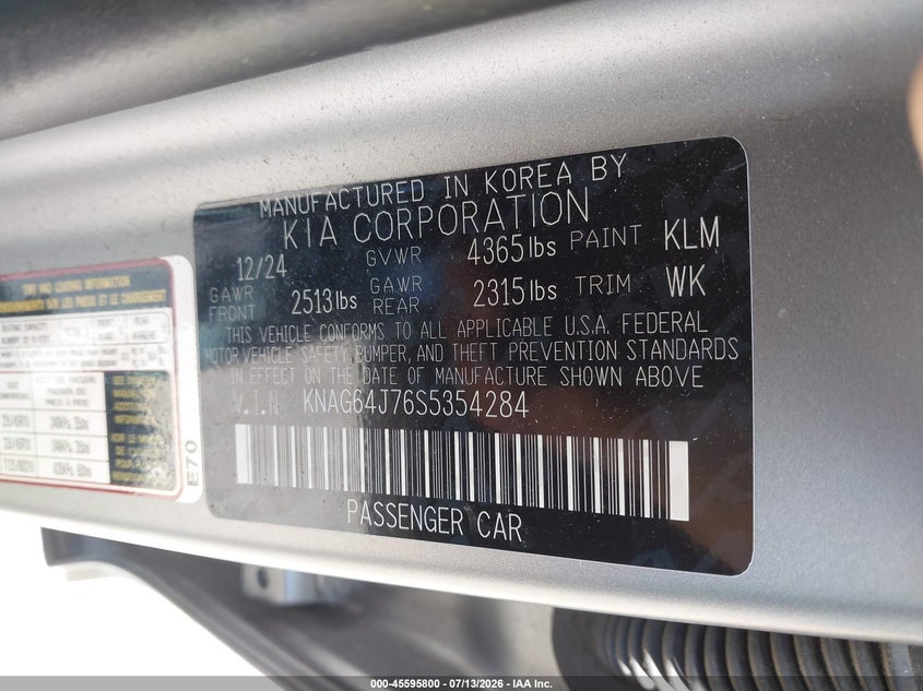 2025 Kia K5 Gt-Line VIN: KNAG64J76S5354284 Lot: 45595800