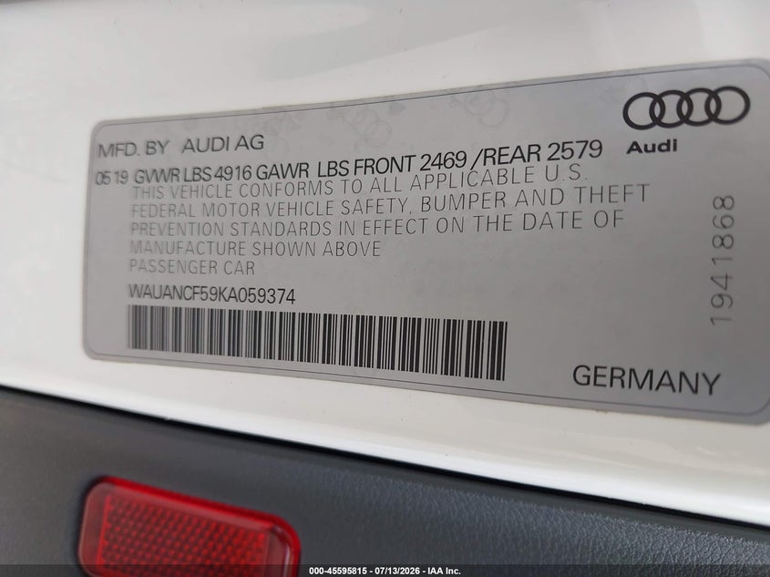 2019 Audi A5 45 Premium VIN: WAUANCF59KA059374 Lot: 45595815
