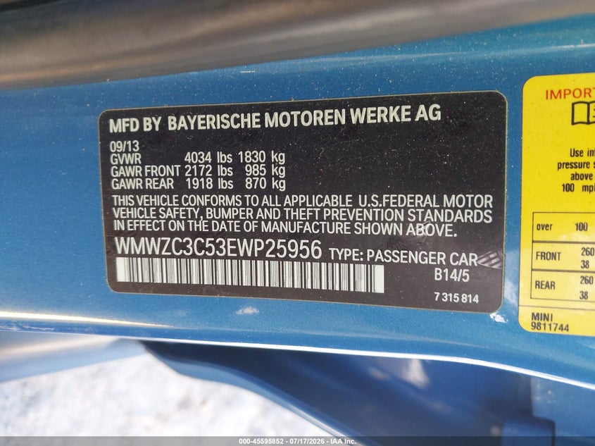 2014 Mini Countryman Cooper S VIN: WMWZC3C53EWP25956 Lot: 45595852