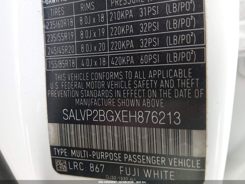 2014 Land Rover Range Rover Evoque Pure VIN: SALVP2BGXEH876213 Lot: 45595867