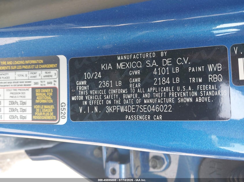 2025 Kia K4 Gt-Line VIN: 3KPFW4DE7SE046022 Lot: 45595888