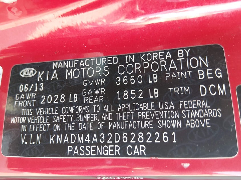 2013 Kia Rio Lx VIN: KNADM4A32D6282261 Lot: 45595905