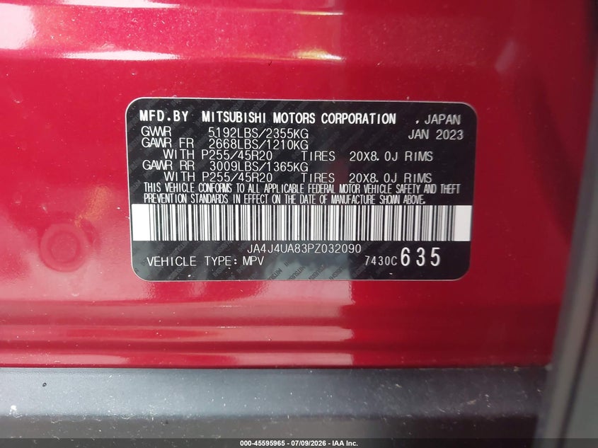 MITSUBISHI OUTLANDER 2023 VIN JA4J4UA83PZ032090
