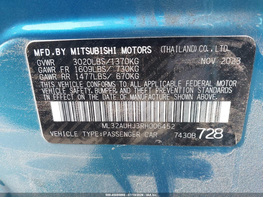 2024 Mitsubishi Mirage Es VIN: ML32AUHJ3RH006452 Lot: 45595966