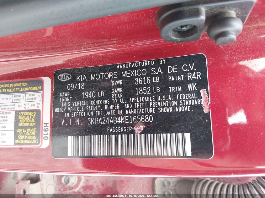 2019 Kia Rio S VIN: 3KPA24AB4KE165680 Lot: 45595971